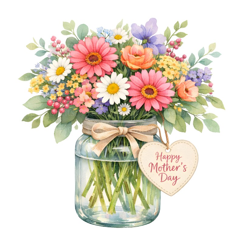 May include: A watercolour illustration of a floral bouquet in a mason jar. The bouquet features pink, orange, white, yellow, and purple flowers with green leaves. A heart-shaped tag with "Happy Mother's Day" hangs from the jar.