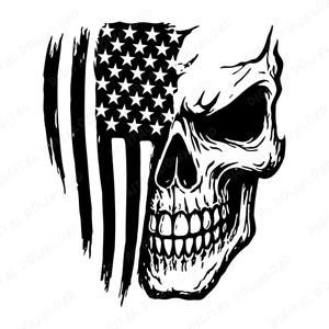 May include: Black and white graphic of a skull with the American flag incorporated into the design. The flag's stars and stripes are visible on the left side, while the skull's features are on the right. The image has a distressed, grunge aesthetic.