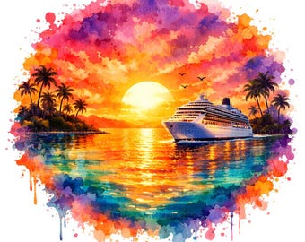 Watercolor Cruise Ship PNG Tropical Sunset Vacation Clipart Summer Travel Design