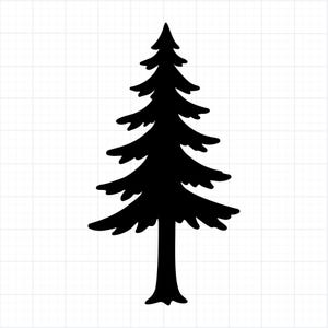May include: A black silhouette of a pine tree against a white grid background. The tree has a triangular shape with layered branches and a slender trunk, evoking a sense of nature and the outdoors.