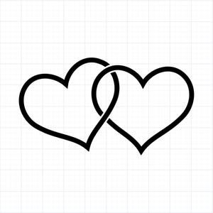 May include: Two intertwined black heart shapes on a white background with a subtle grid pattern. The hearts are outlined, creating a simple yet elegant design, perfect for romantic themes or Valentine's Day.