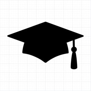 May include: A black graduation cap silhouette with a square top and a tassel hanging from the center. The cap is a symbol of academic achievement and is often worn during graduation ceremonies. The background is a white grid.