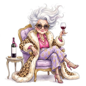 Könnte beinhalten: Eine Illustration einer älteren Person mit voluminösem weißem Haar, die eine Leopardenmuster-Sonnenbrille, einen Leopardenmantel mit Pelzbesatz, ein rosa Hemd und eine gemusterte violette Hose trägt und in einem violetten Sessel ein Weinglas hält.
