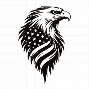 May include: A black and white graphic of an eagle's head in profile. The eagle's feathers are stylized with the American flag design, including stars and stripes. The image is a patriotic symbol.