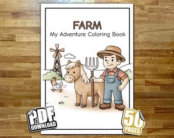 Livro de colorir da fazenda • 50 páginas • para crianças • PDF e PNG • Páginas para colorir • Baixe e pinte • Trator • Animais • Cavalos