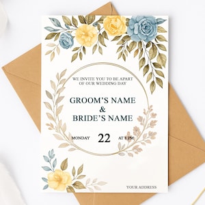 Cartes de désherbage florales aquarelle personnalisées, cartes de faire-part de mariage personnalisées