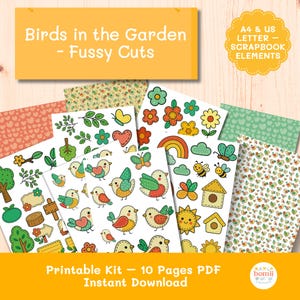Kit de imágenes prediseñadas imprimibles de aves | 10 páginas PDF | Tamaños A4 y carta | Álbum de recortes de jardín de primavera | Uso comercial