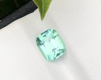 Puede incluir: Una gema rectangular de color verde claro con una superficie facetada. La gema está sobre un fondo blanco, con una hoja verde en la esquina superior izquierda. La gema tiene un ligero tono azul.