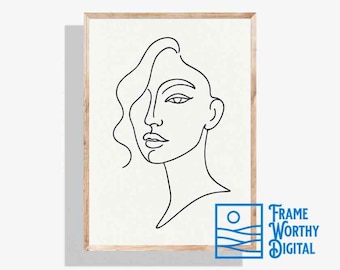 Minimalist Line Art Face Print: Modern Black & White Portrait (Digital Download)