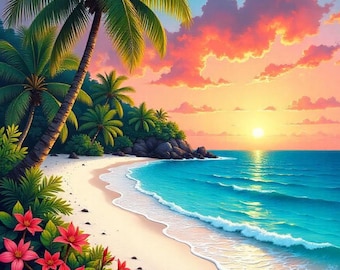 Tropical Beach Sunset Art Print: Paradise Landscape (Digital Download)