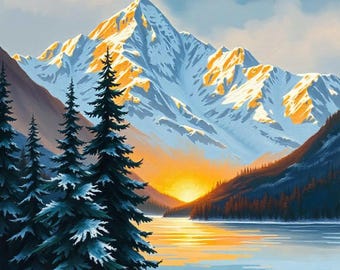 Serenity at Dawn: Printable Digital Landscape of Snow-Capped Mountain Reflections for Instant Download