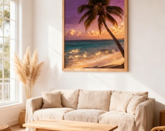 Tropical Purple Beach Sunset Printable Wall Art | Palm Trees Paradise Landscape | Coastal Decor | Instant Download | 5 Sizes 300 DPI