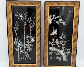 VTG Chinoiserie Framed Mother Of Pearl Pair Iridescent Black Lacquer Korea Art