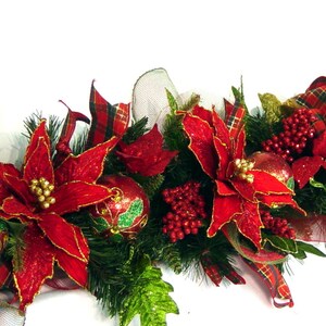 Christmas Mantel Garland, DECORATED Swag, Tartan Plaid, Victorian Country Traditional Poinsettia red green design by Cabin Cove Creations image 2