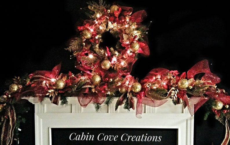 Christmas Mantel Garland Swag With Lights Decorated Burgundy Etsy