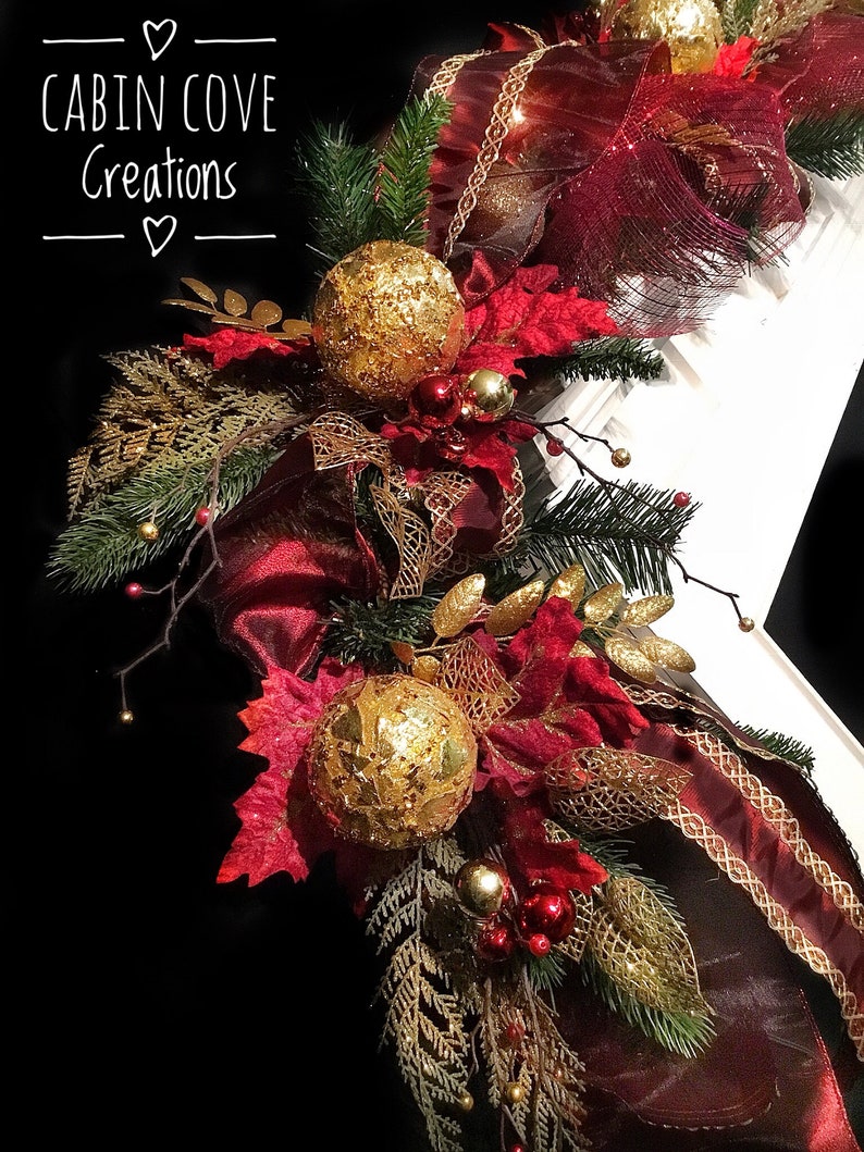 Christmas Mantel Garland Swag With Lights Decorated Burgundy Etsy