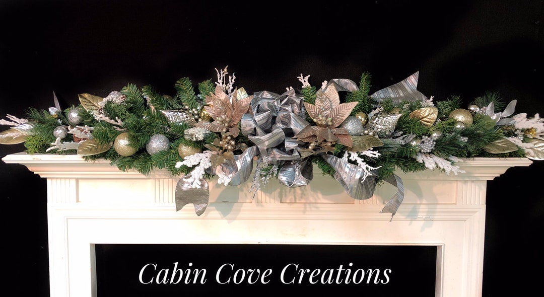Silver and Gold Mantel Swag Garland With Taupe Poinsettia, OR 2 Silver
