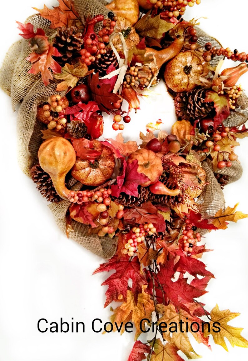 Fall Bounty Autumn door Wreath pumpkins gourds burlap XL design by Cabin Cove Creations Custom