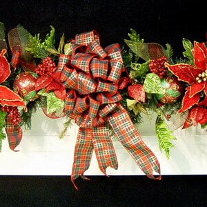 Christmas Mantel Garland, DECORATED Swag, Tartan Plaid, Victorian Country Traditional Poinsettia red green design by Cabin Cove Creations image 1