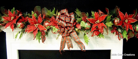 Christmas Mantel Garland, DECORATED Swag, Tartan Plaid, Victorian Country Traditional Poinsettia red green  design by Cabin Cove Creations