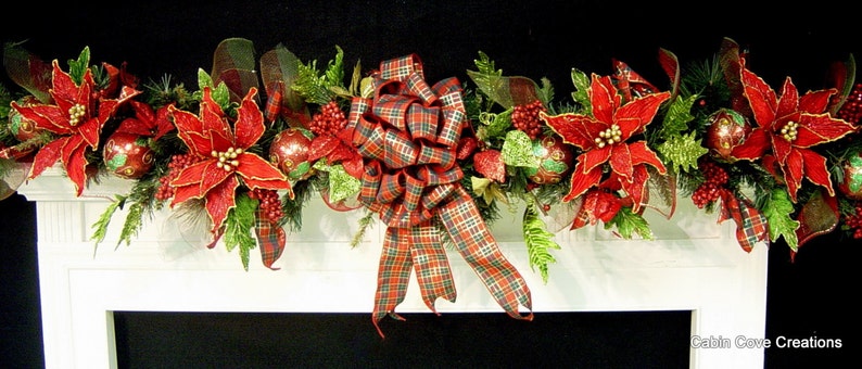 Christmas Mantel Garland, DECORATED Swag, Tartan Plaid, Victorian Country Traditional Poinsettia red green design by Cabin Cove Creations image 1