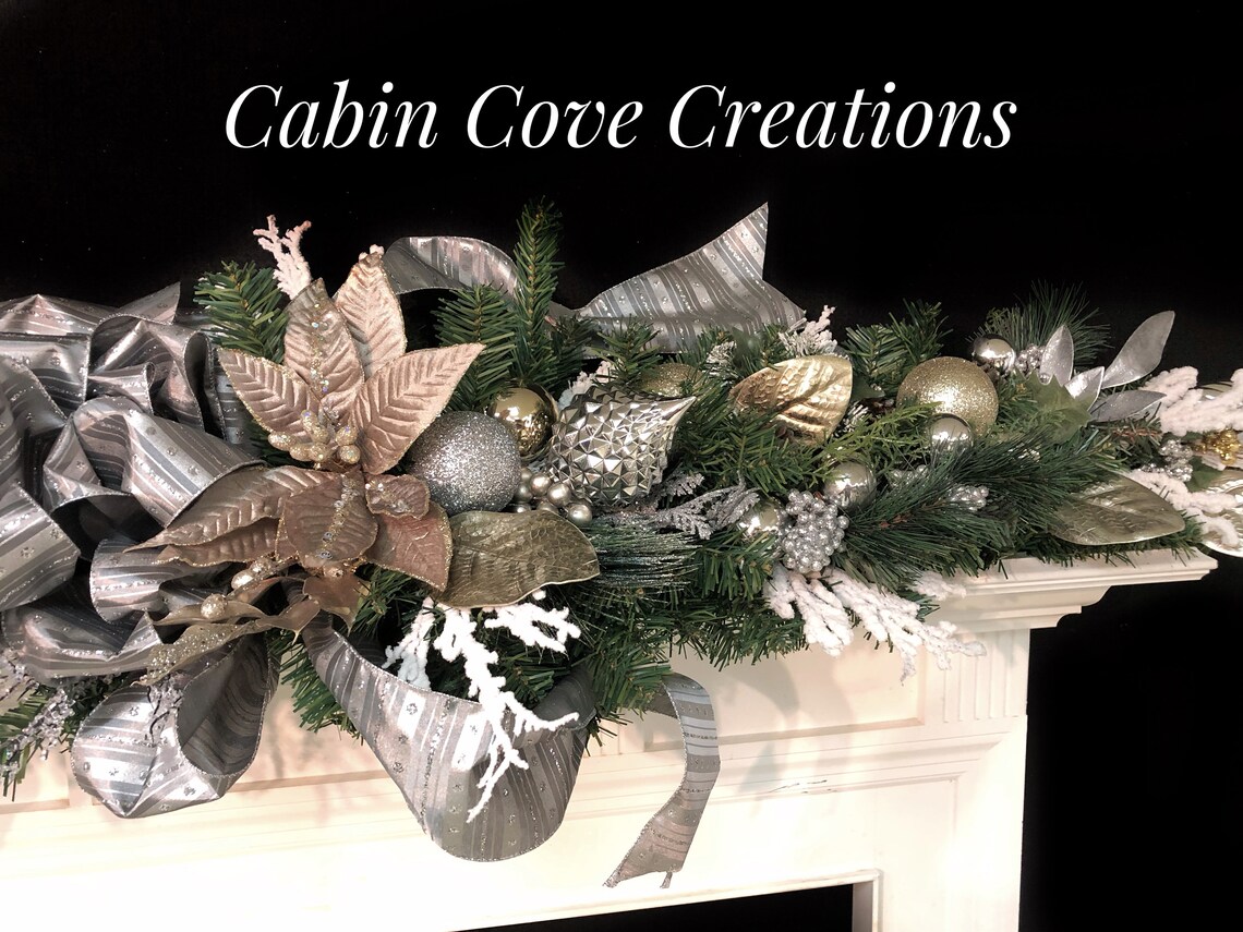 Silver and Gold Mantel Swag Garland With Taupe Poinsettia OR - Etsy