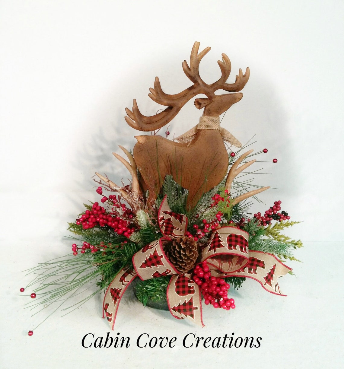 Rustic Deer Christmas Floral Arrangement Woodland Winter Etsy