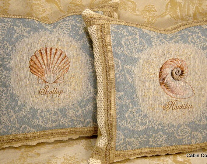 Seashell Coastal Throw Pillows 2 Cushions Nautical Beach Sky Blue Ivory