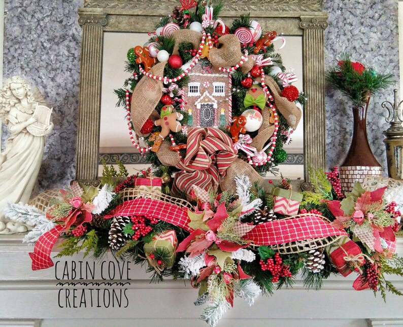 Farmhouse Christmas Mantel Garland Swag, Country Rustic With Burlap
