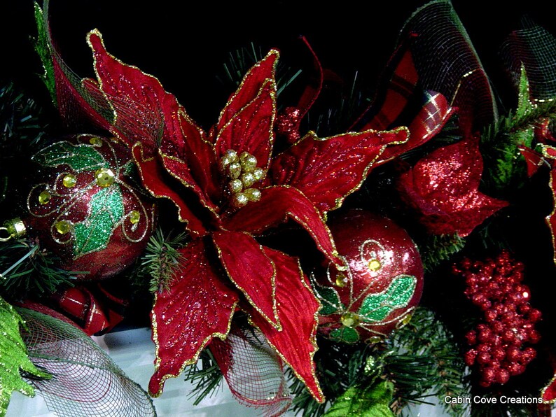 Christmas Mantel Garland, DECORATED Swag, Tartan Plaid, Victorian Country Traditional Poinsettia red green design by Cabin Cove Creations image 4