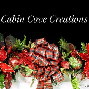 Christmas Mantel Garland, DECORATED Swag, Tartan Plaid, Victorian Country Traditional Poinsettia red green design by Cabin Cove Creations image 9