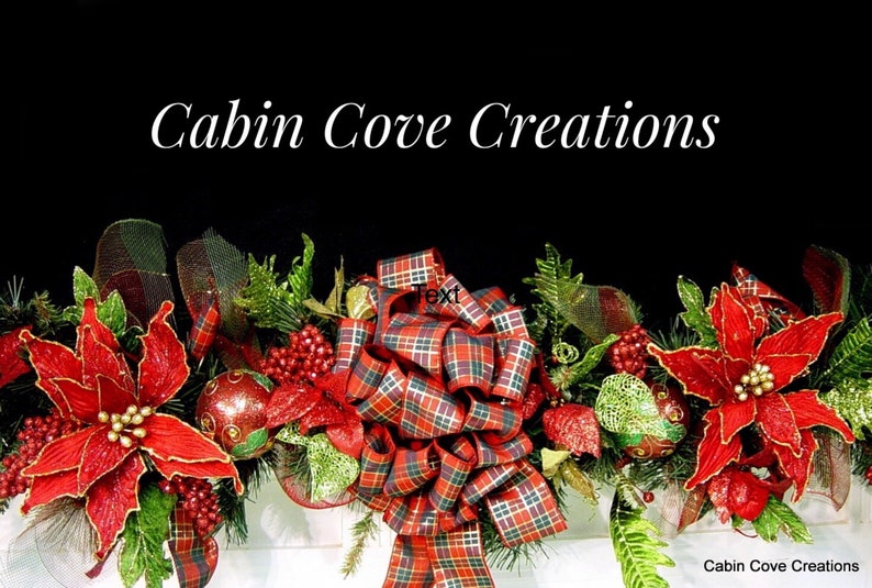 Christmas Mantel Garland, DECORATED Swag, Tartan Plaid, Victorian Country Traditional Poinsettia red green design by Cabin Cove Creations image 9