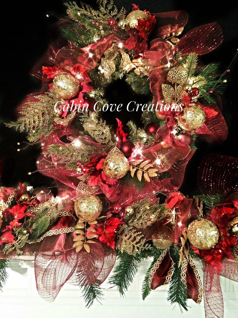 Christmas Mantel Garland Swag With Lights Decorated Burgundy Etsy