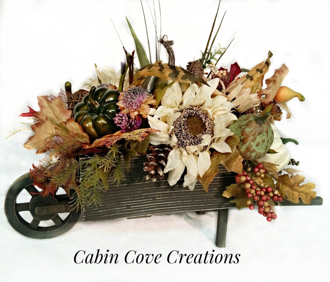 Rustic Fall Floral Arrangement in Wheelbarrow, Autumn Centerpiece ...