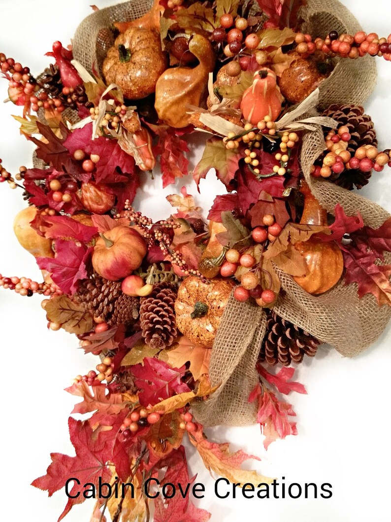 Fall Bounty Autumn door Wreath pumpkins gourds burlap XL design by Cabin Cove Creations Custom