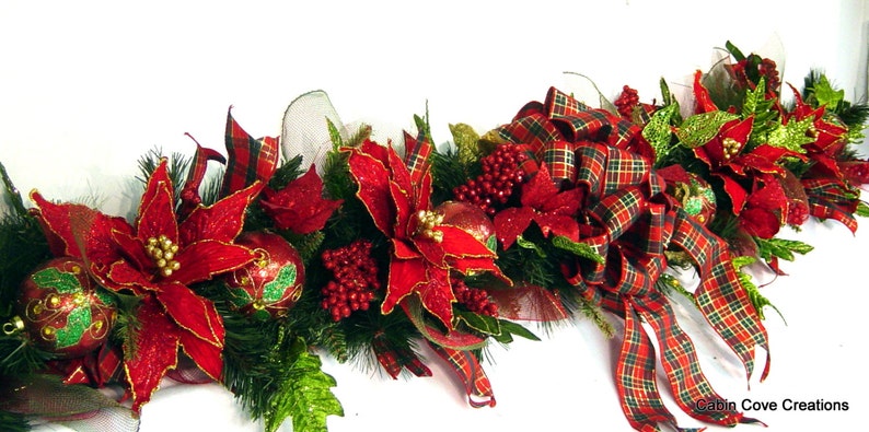 Christmas Mantel Garland, DECORATED Swag, Tartan Plaid, Victorian Country Traditional Poinsettia red green design by Cabin Cove Creations image 2