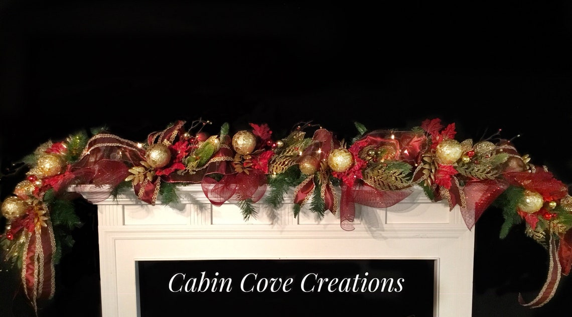 Christmas Mantel Garland Swag With Lights Decorated Burgundy - Etsy