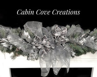 Grey and Silver Magnolia Mantel Swag OR 2 double door teardrop swags, matching Magnolia Wreath available separate,  by Cabin Cove Creations