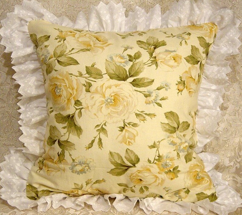 Decorative Throw Pillow English Cottage Home Decor Shabby Yellow Roses Chic Romantic Floral
