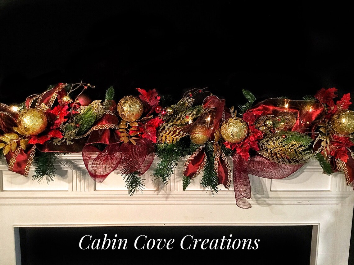 Christmas Mantel Garland Swag With Lights Decorated Burgundy - Etsy