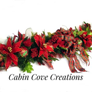 Christmas Mantel Garland, DECORATED Swag, Tartan Plaid, Victorian Country Traditional Poinsettia red green design by Cabin Cove Creations image 6
