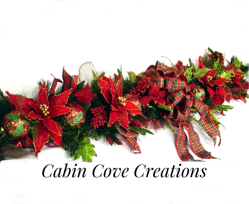 Christmas Mantel Garland, DECORATED Swag, Tartan Plaid, Victorian Country Traditional Poinsettia red green design by Cabin Cove Creations image 6