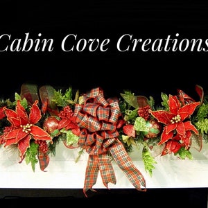 Christmas Mantel Garland, DECORATED Swag, Tartan Plaid, Victorian Country Traditional Poinsettia red green design by Cabin Cove Creations image 5