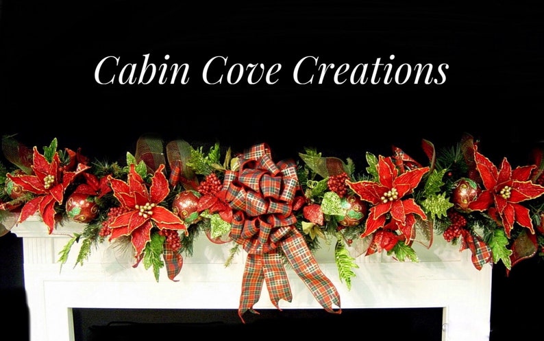 Christmas Mantel Garland, DECORATED Swag, Tartan Plaid, Victorian Country Traditional Poinsettia red green design by Cabin Cove Creations image 5