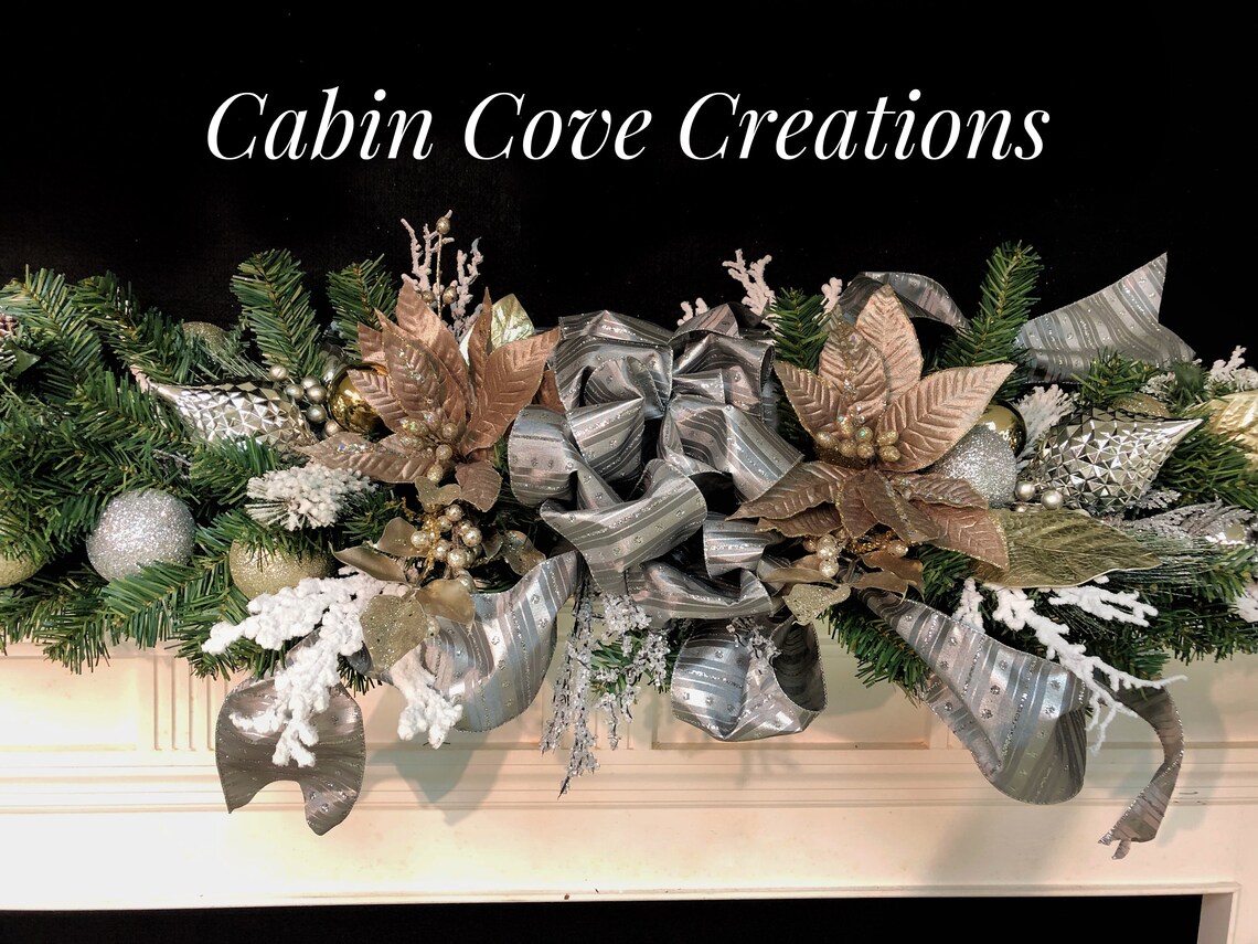 Silver and Gold Mantel Swag Garland With Taupe Poinsettia OR - Etsy