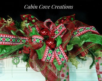 Decorated Christmas Mantel Swag Garland, Holiday door Wreath, Versatile Wall Arrangement, red green  Custom  Design by Cabin Cove Creations