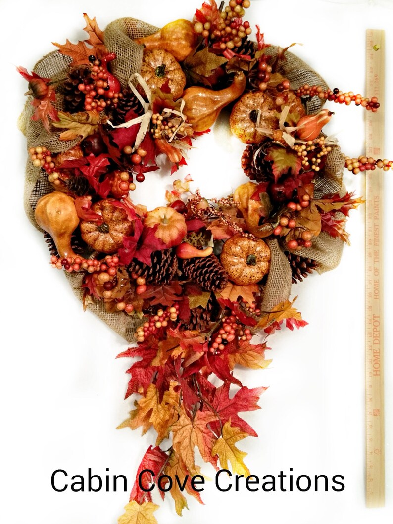 Fall Bounty Autumn door Wreath pumpkins gourds burlap XL design by Cabin Cove Creations Custom