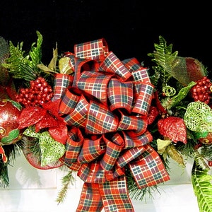 Christmas Mantel Garland, DECORATED Swag, Tartan Plaid, Victorian Country Traditional Poinsettia red green design by Cabin Cove Creations image 7