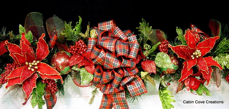 Christmas Mantel Garland, DECORATED Swag, Tartan Plaid, Victorian Country Traditional Poinsettia red green design by Cabin Cove Creations image 7