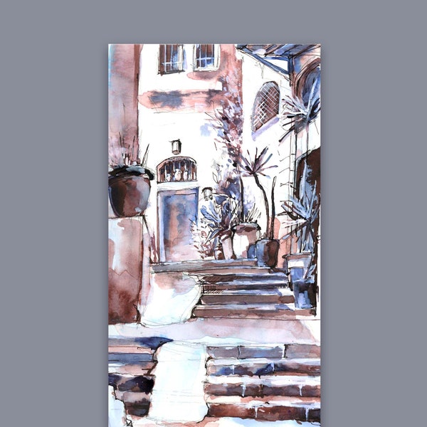 Old City of Jerusalem Steps,,Jewish Art Print, Watercolor,  12 x 24